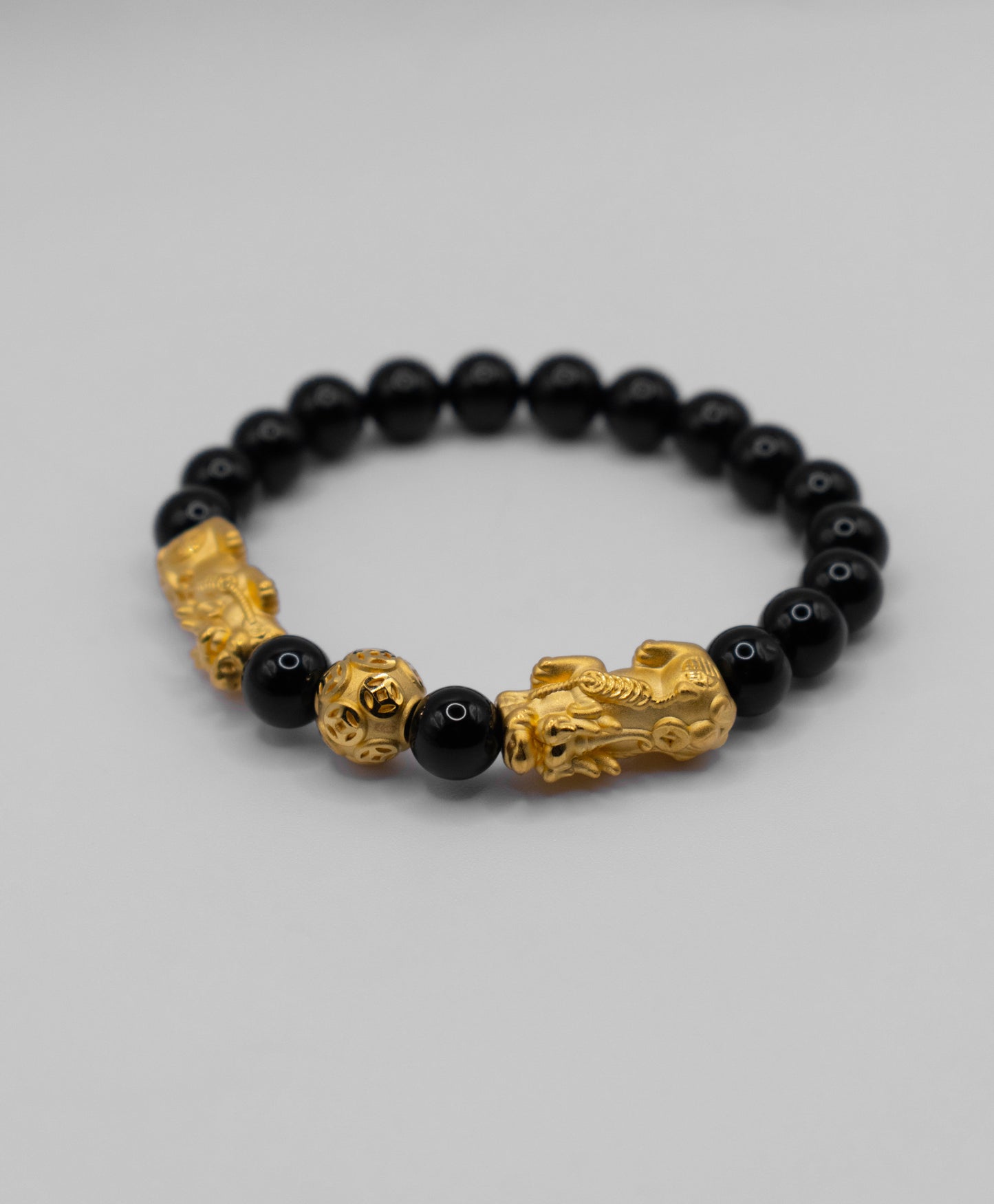 24K Pixiu Bracelet Double-Head, Medium (Onyx Beads)